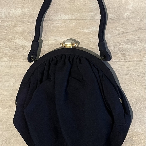 None Handbags - Beautiful Vintage Navy Blue Fabric Bag With Faux Pearl Closure EUC